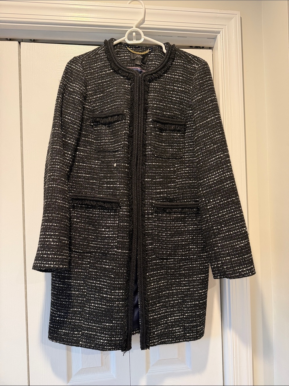 J. Crew Black and White Tweed Long Trench Coat